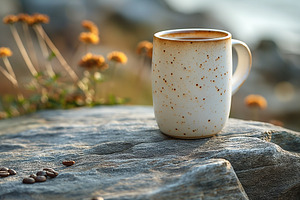 A cozy ceramic mug filled with coffee rests on a textured rock, surrounded by s, a Business Photo by ImageMir