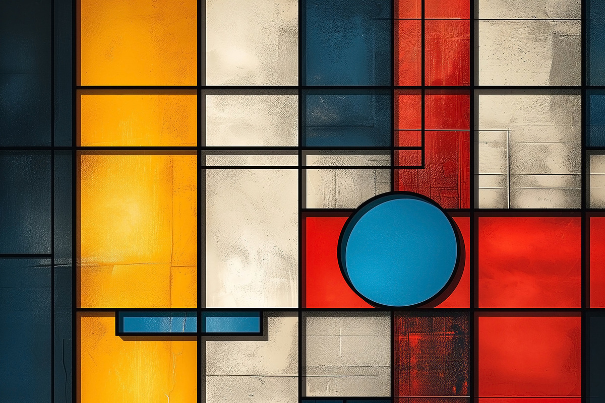 Geometric abstract art featuring blue, red, yellow, and white sh, a Decorative Illustration by ImageMir