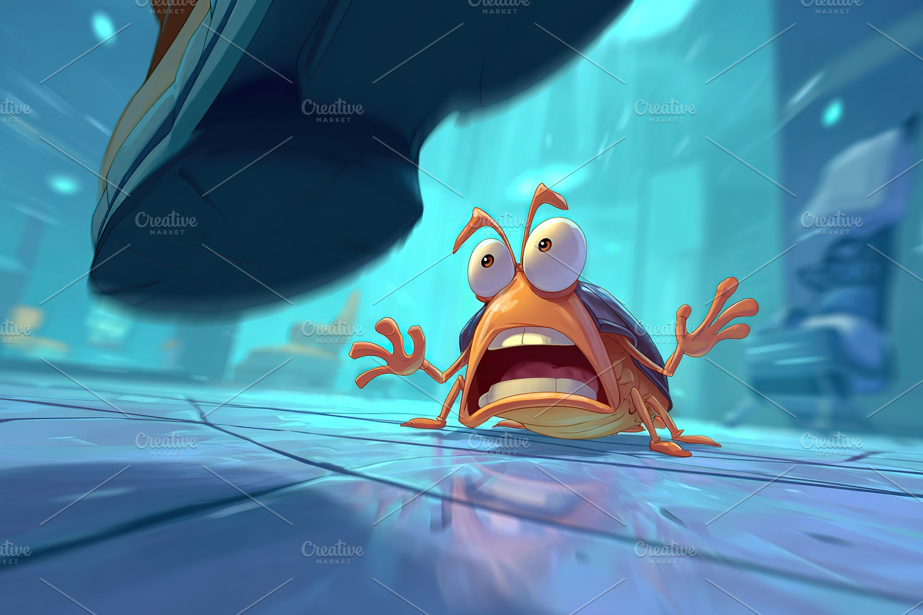 Cartoon fish in panic as a giant foot approaches in a vibrant underwater settin, a Photo by AlyaAnd