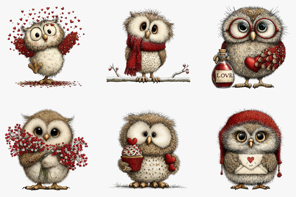 Whimsical Valentines Owls Clipart, an Illustration by CreationArt (Photo 5 of 5)