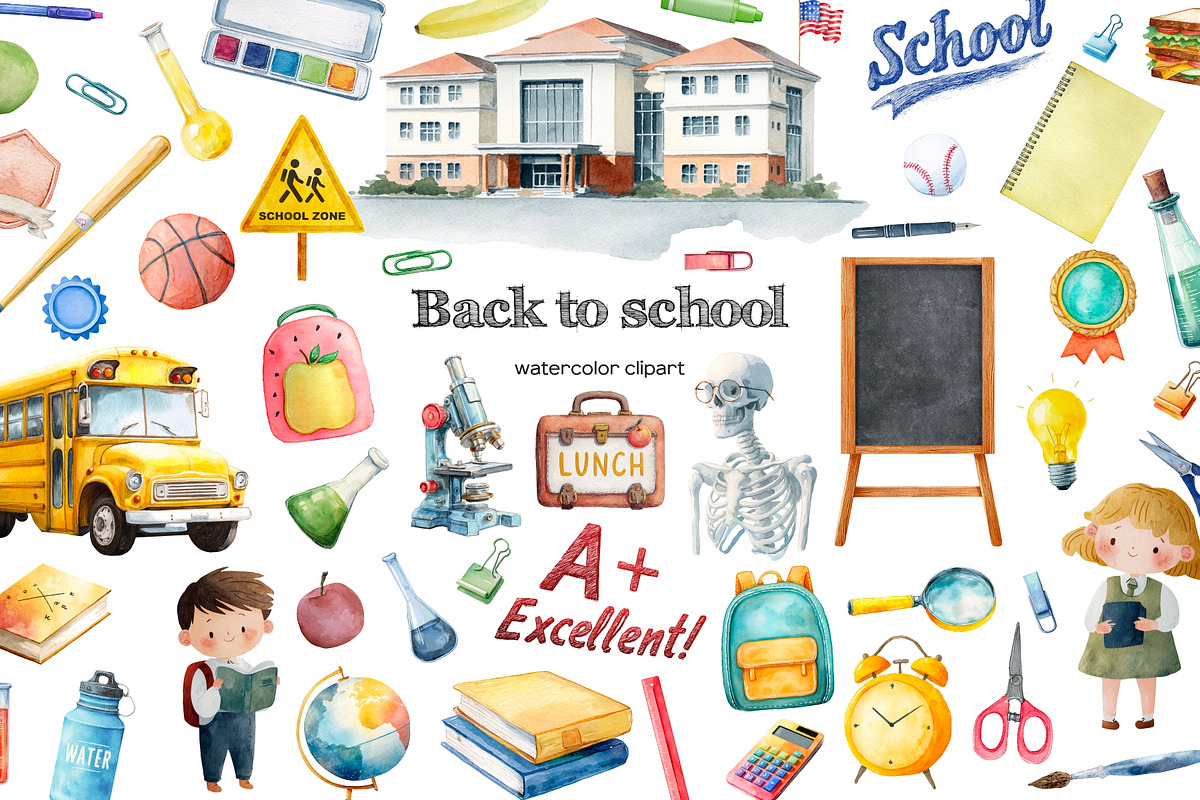 Watercolor Back to school clipart, an Education Illustration by Art and Funny (Photo 1 of 8)