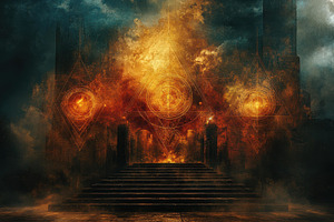 Mystical temple with fiery symbols i, a Photo by Tanuart