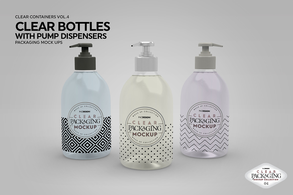 Clear Bottles Pump Dispensers Mockup, a Cups & Container Mockup by INCDesign (Photo 6 of 8)