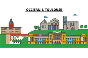 France, Toulouse, Occitanie. City Skyline: Architecture, Buildings, Streets, Silhouette, Landscape, Panorama, Landmarks. Editable Strokes. Flat Design