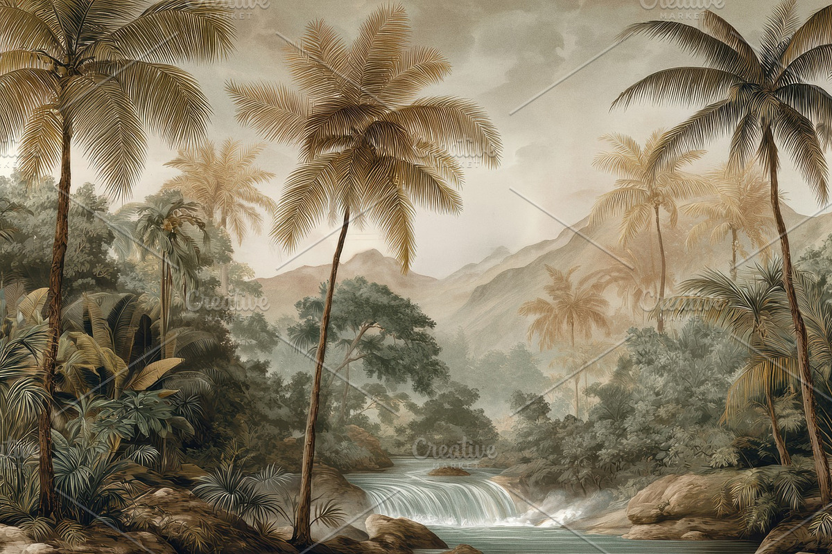 Serene Tropical Landscape Wallpaper, a Decorative Illustration by Virgo Studio