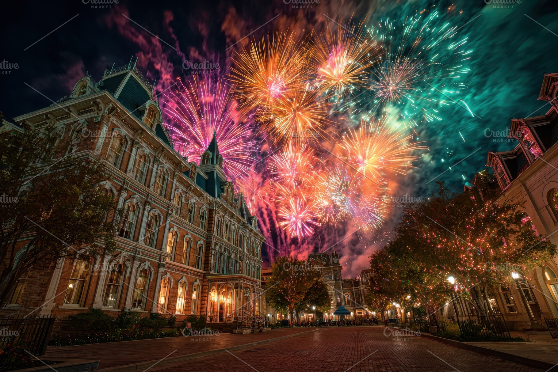 Historic Building Night Fireworks Sp, a Photo by Pixeness Studio