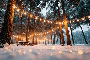 Magical winter forest with glowing string lights, a Nature Photo by AlyaAnd