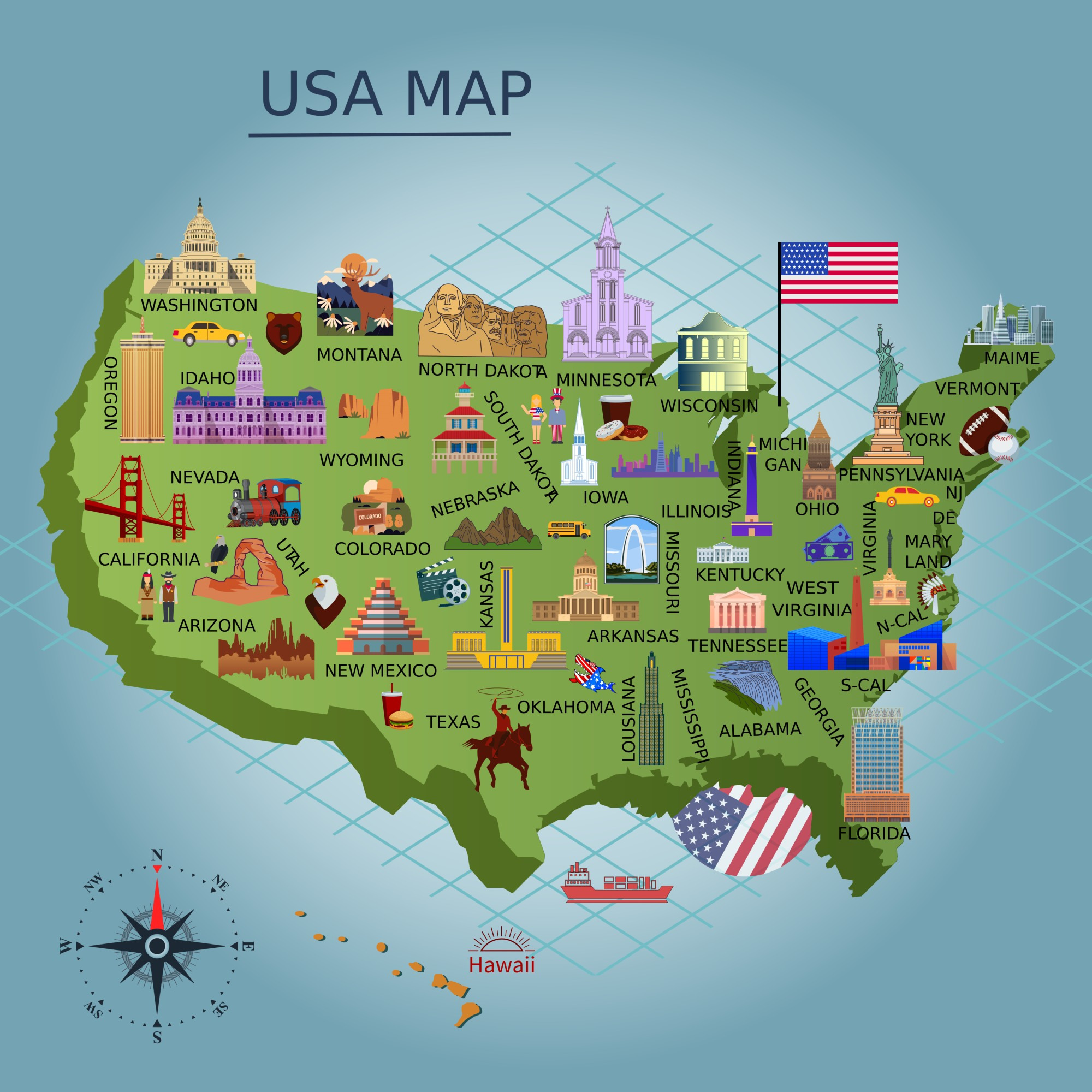 USA MAP Design | Cultural Elements | Graphic Objects ~ Creative Market