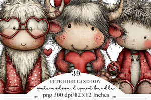 Valentine Cute Highland Cow Clipart, an Illustration by Designking