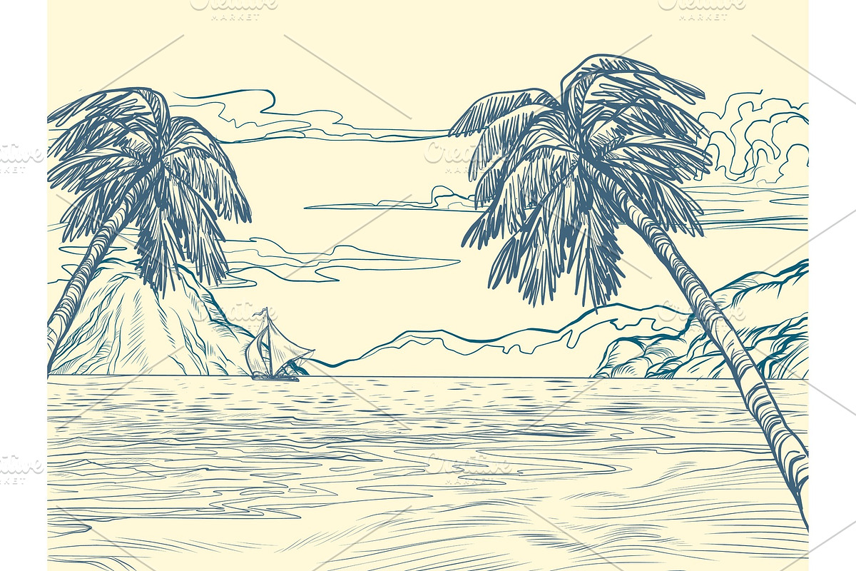 palm trees sea contour silhouette, an Illustration by studiostoks