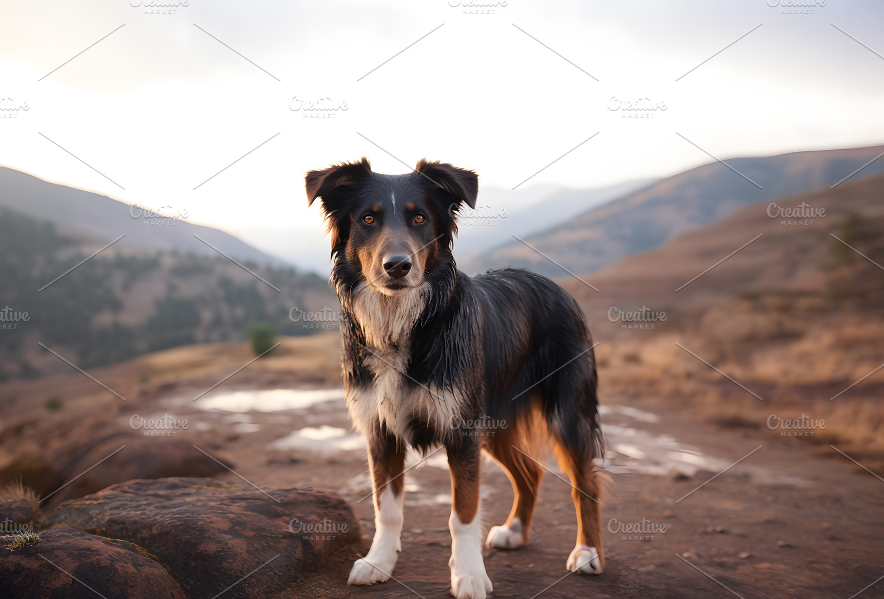 Portrait of beautiful Australian Shepherd dog standing on mountain road or path, an Animal Photo by Lenor4ik