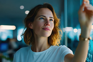 Woman interacting with digital interface in modern office, a Business Photo by AlyaAnd
