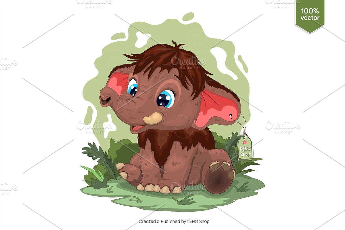 Cute cartoon mammoth. Tshirt, PNG., an Animal Illustration by KENO Mascots (Photo 2 of 3)