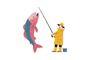 A smiling fisherman in a yellow rain, an Illustration by designvectx