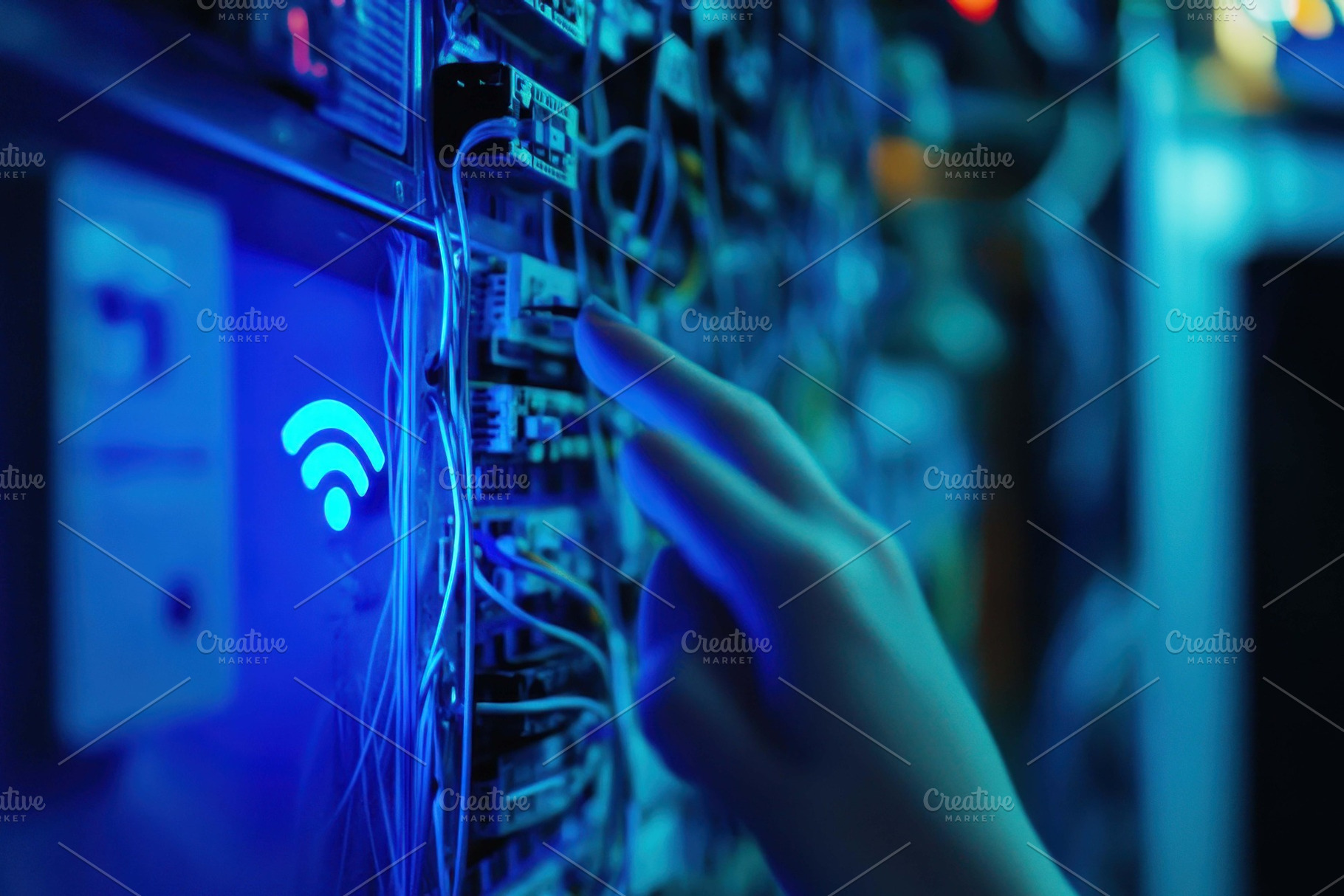 Hand interacting with server equipme, a Photo by Tanuart
