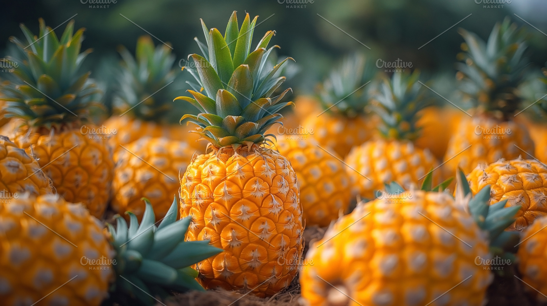 Ripe pineapples glow under sunlight, showcasing their vibrant ye, a Food & Drink Photo by ImageMir