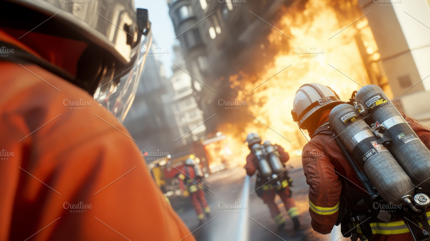 Firefighters tackling intense blaze with flames and smoke, emerg, a Photo by Dvoevnore photos