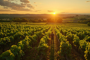 Man walking in scenic vineyard at sunset with lush fields and hills, an Illustration by AS photostudio
