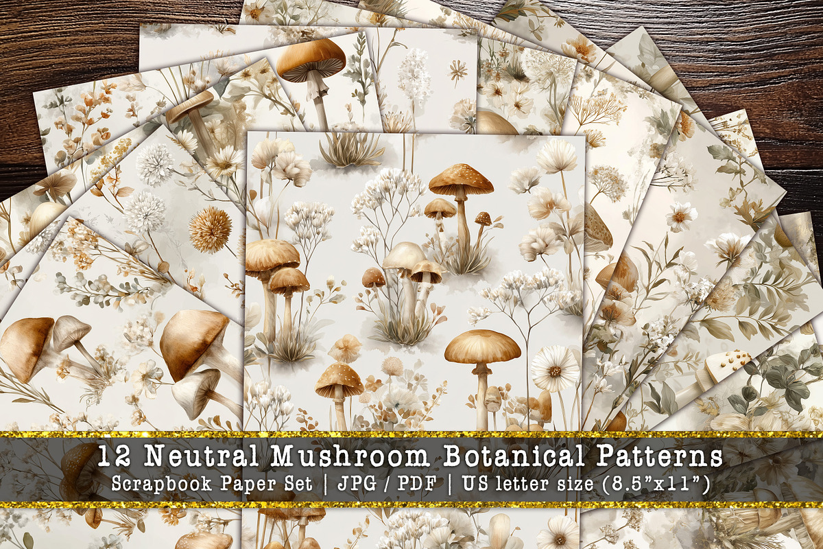 Neutral Mushroom Botanical Scrapbook, a Background Graphic by V Design Creator (Photo 1 of 11)
