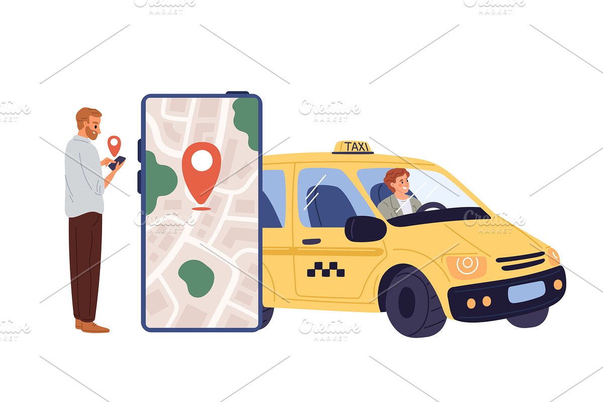 Man hails taxi using mobile app, a Transportation Illustration by Vectorbuum