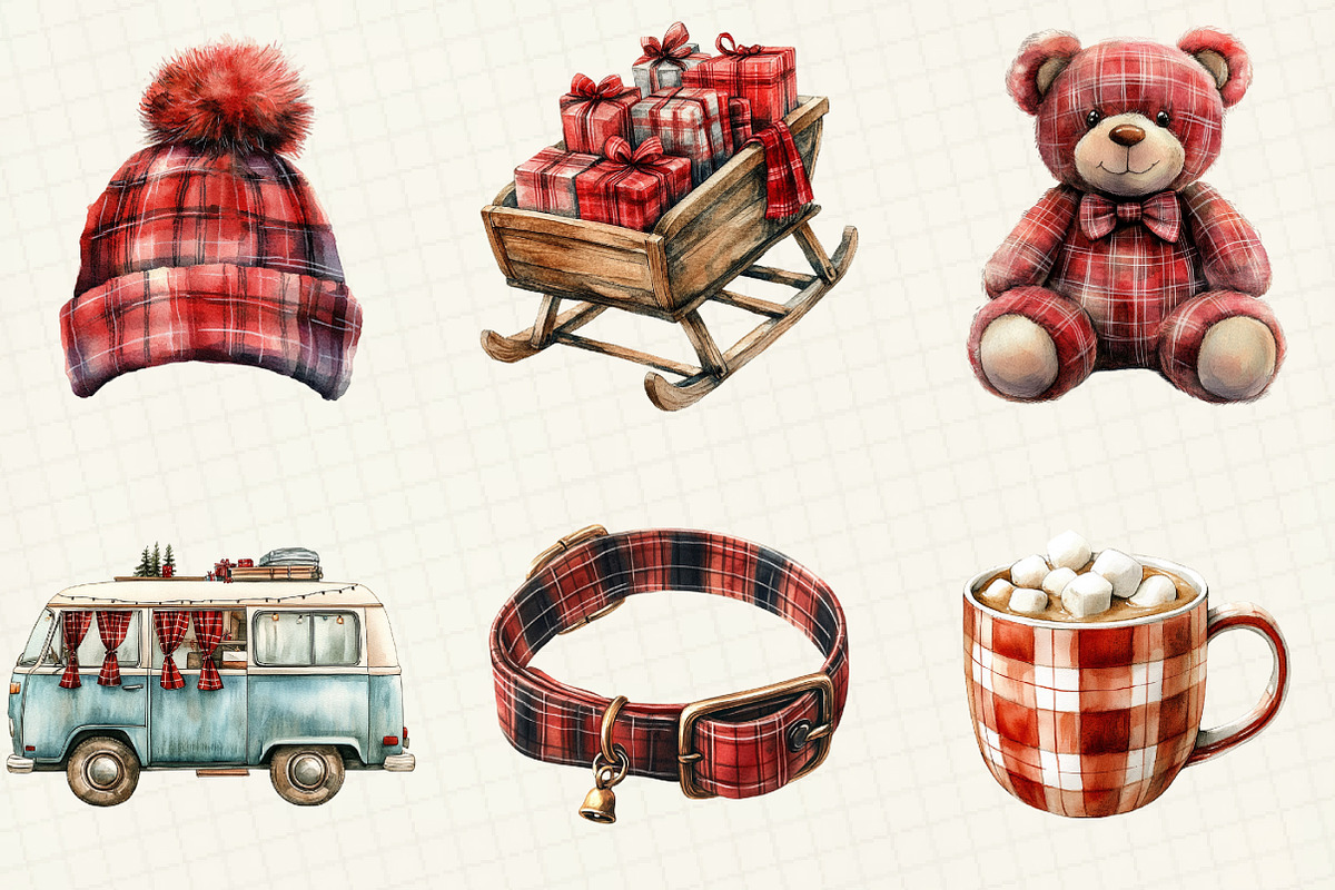 Plaid Christmas Watercolor Clipart, an Illustration by OK Design (Photo 2 of 5)
