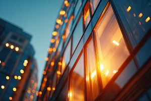 Sunset reflections on modern glass building, an Architecture Photo by AlyaAnd