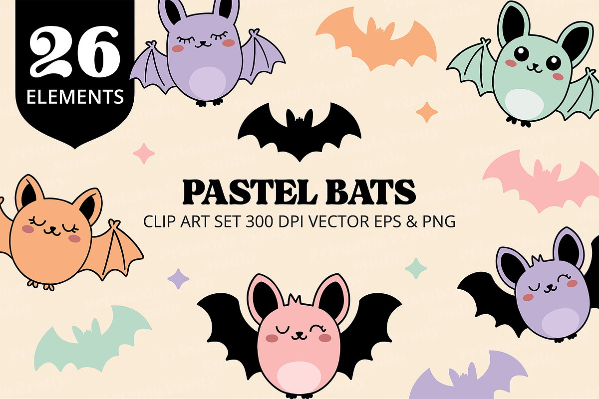 Pastel Bats Clipart & Vector, an Illustration by Printable Pretty Studio (Photo 1 of 3)