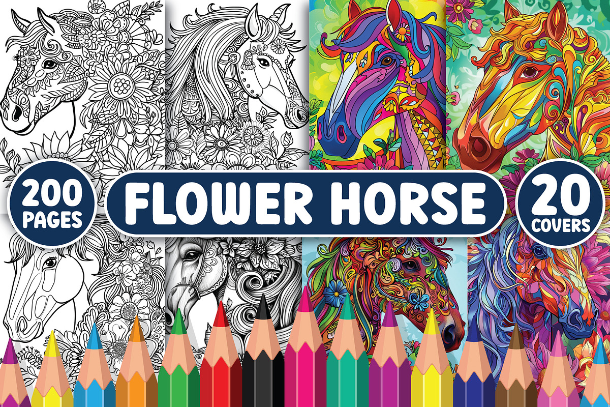 200 Flower Horse Coloring Pages, an Animal Illustration by BrightMart (Photo 1 of 3)
