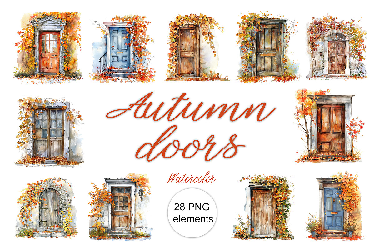 Watercolor autumn doors PNG, a Seasonal Illustration by dashtik (Photo 1 of 6)