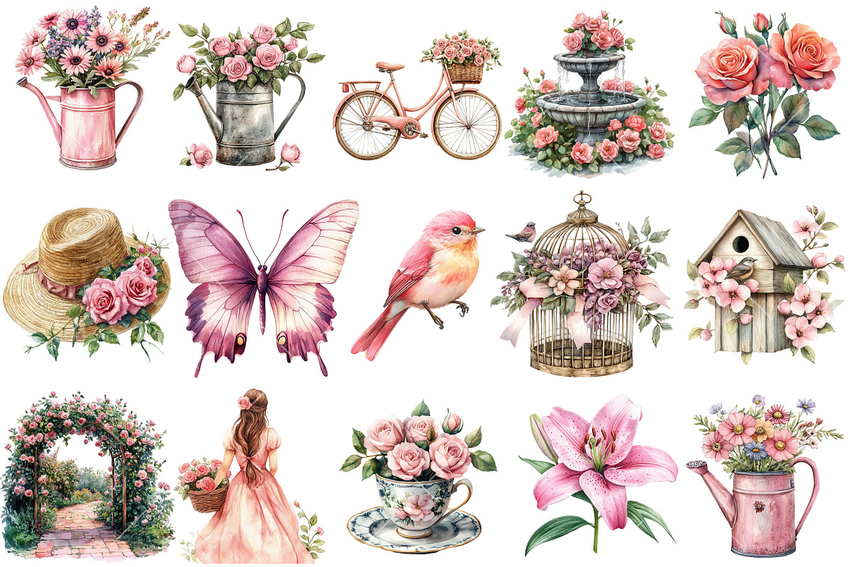 Pink Garden Watercolor Clipart, an Illustration by OK Design (Photo 3 of 6)