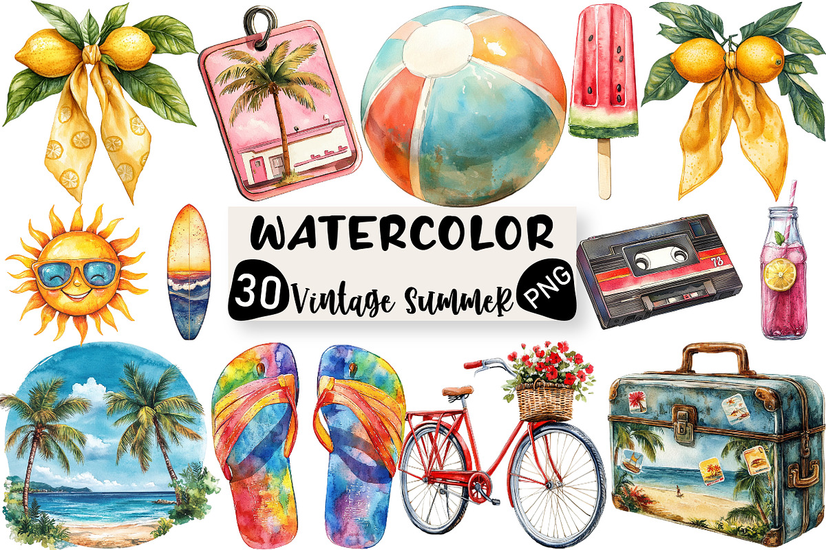 Watercolor Vintage Summer Clipart, an Illustration by Black Bird Studio (Photo 1 of 6)