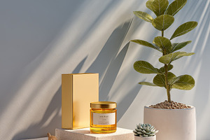 Golden jar skincare product display, a Photo by Pixeness Studio