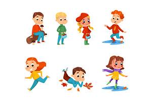 Kids with Autumn Leaf Walking, a Person Illustration by TopVectors