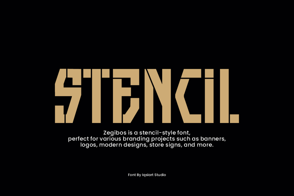 Zegibos - Stencil Font, a Sans Serif Font by Iqsiart Studio (Photo 2 of 7)