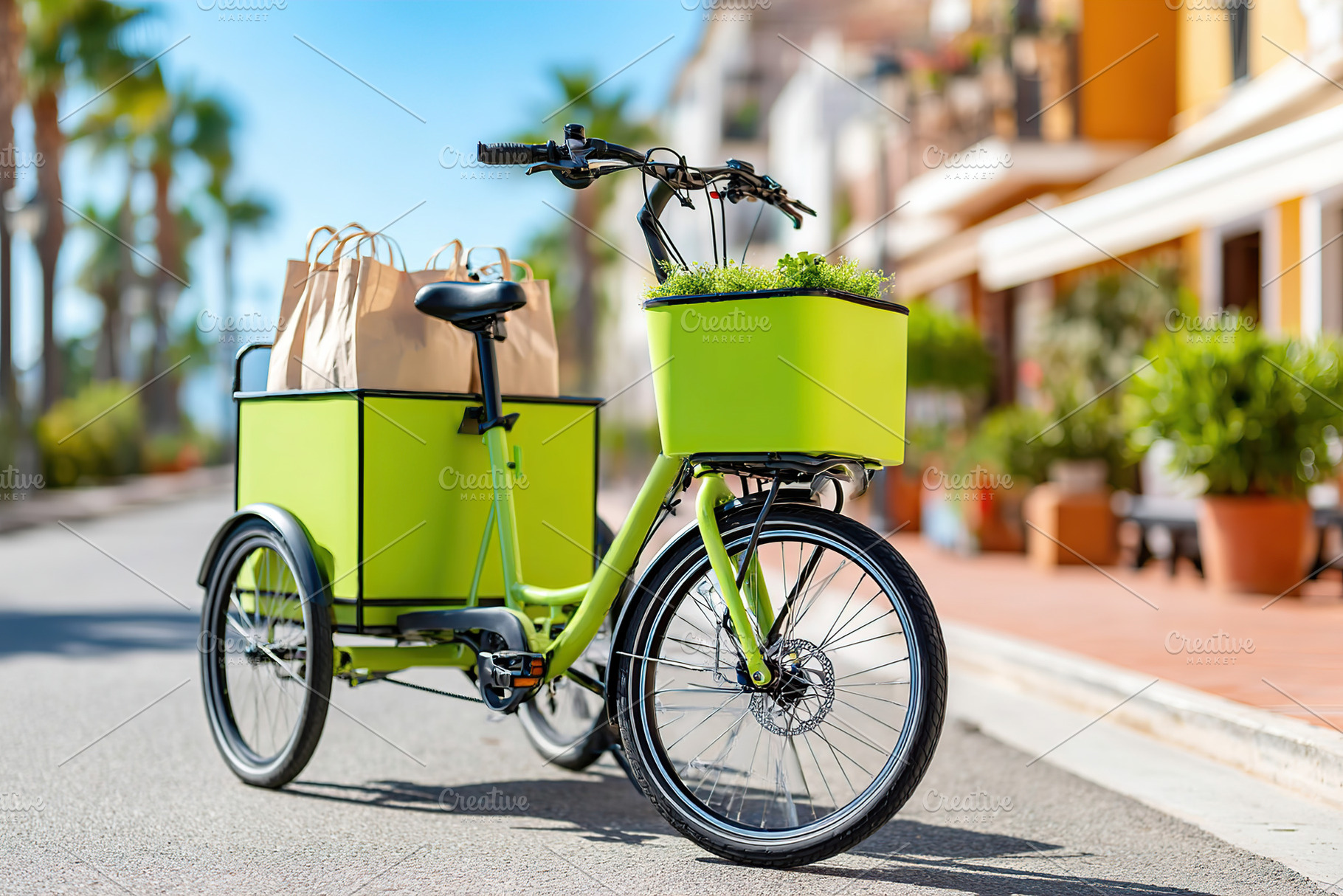 Green cargo bike parked on a sunny street with groceries and plants in urban se, a Transportation Photo by AlyaAnd
