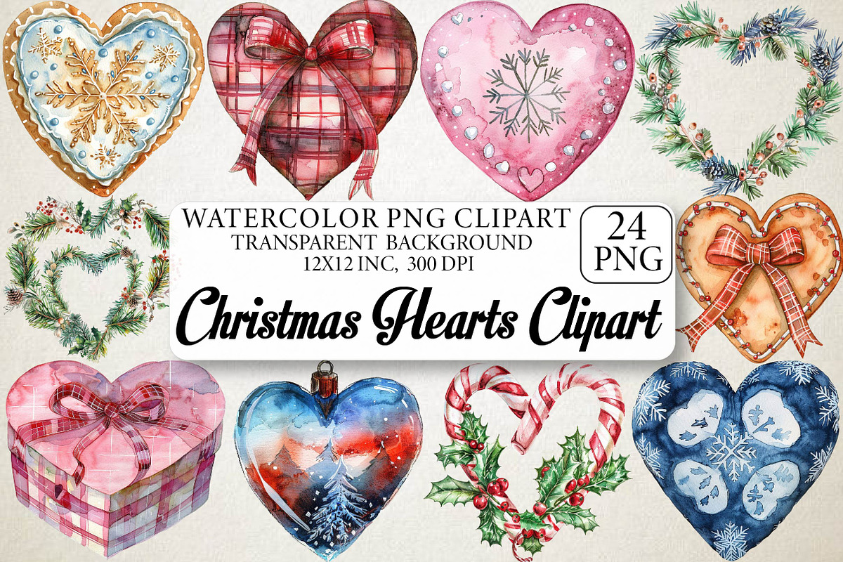 Watercolor Christmas Hearts Clipart, an Illustration by DreamPrint404 (Photo 1 of 5)