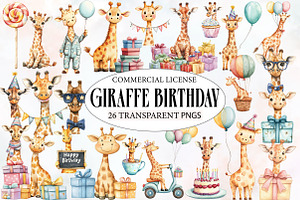 Giraffe Birthday Watercolor Clipart, an Illustration by Designworld