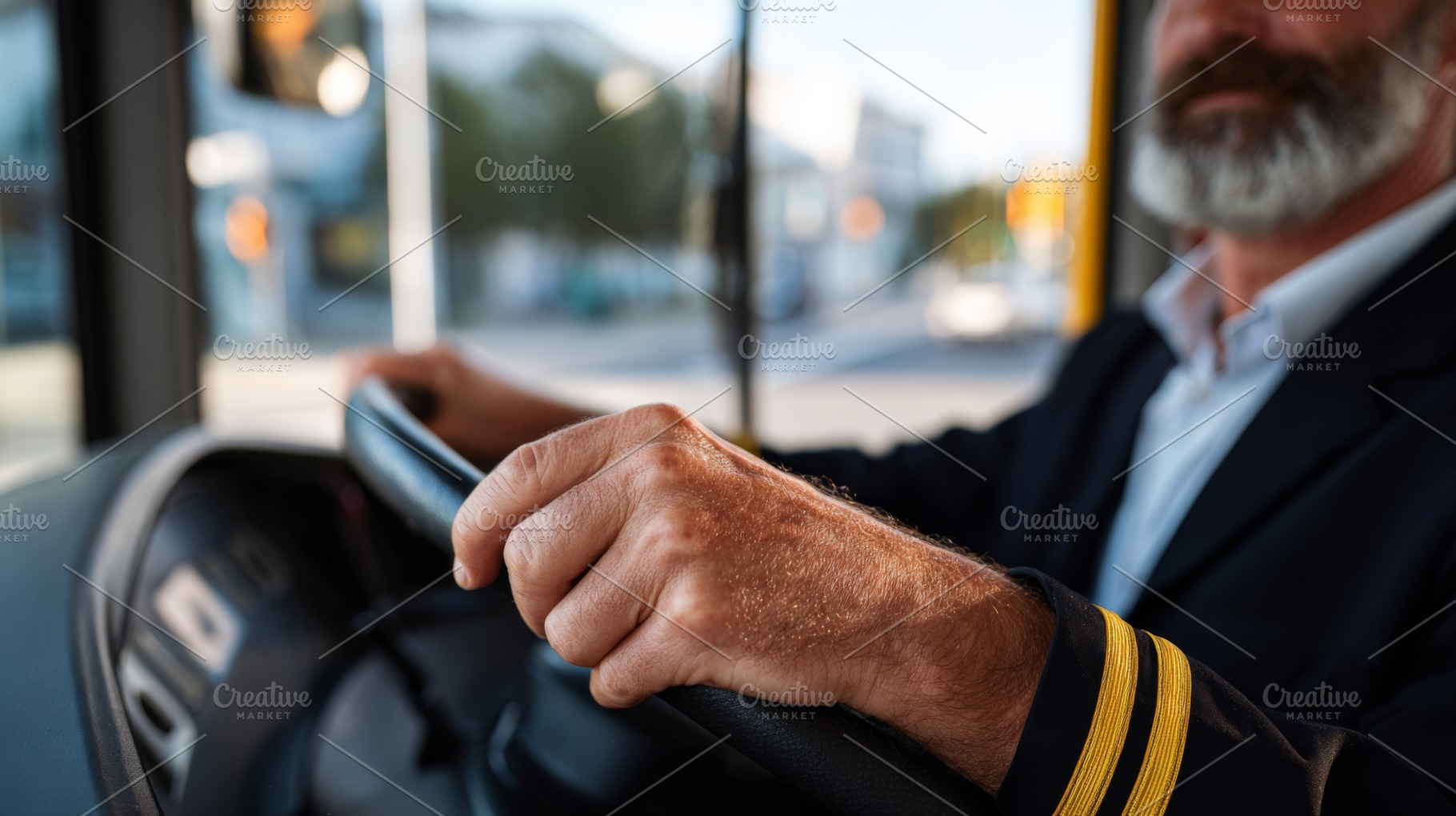 Close-up of an elderly male bus driver gripping the steering wheel, showcasing, a Person Photo by ImageMir