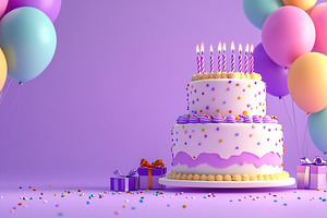 Illustration of tiered birthday cake with party balloons and candles, a Food & Drink Photo by AlyaAnd