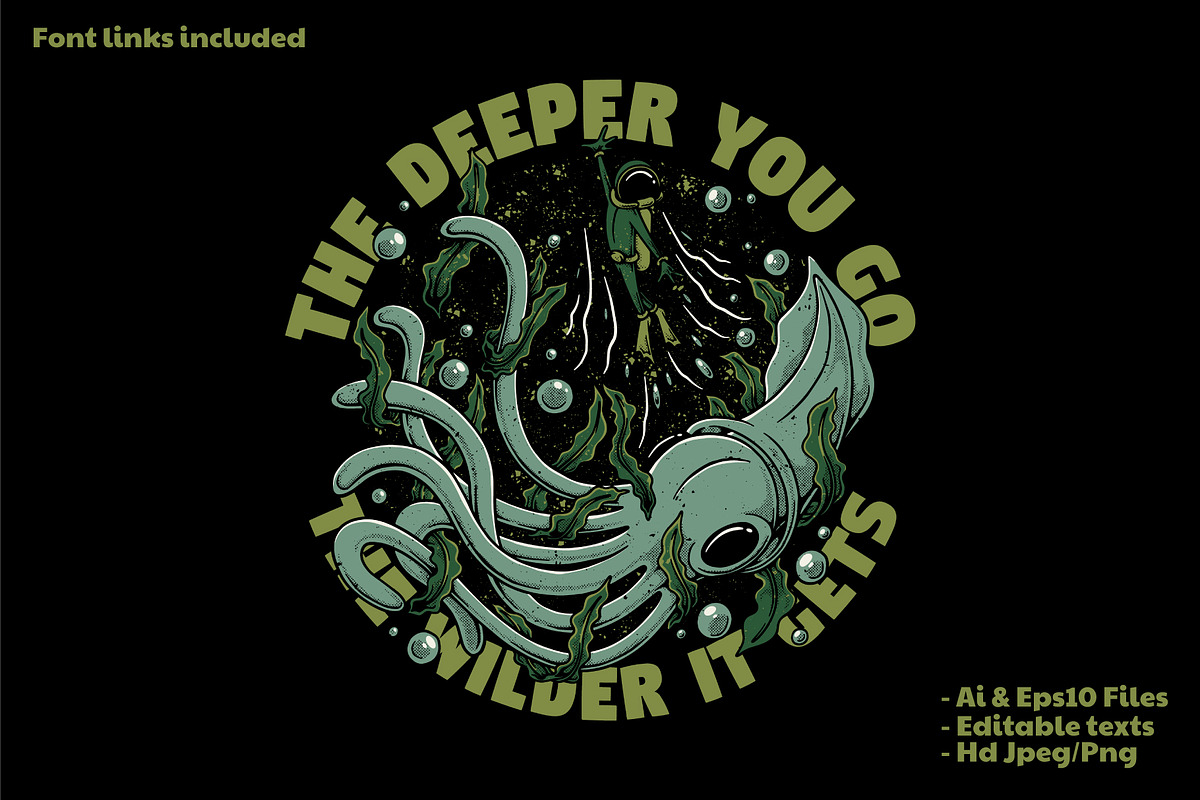retro diver running from giant squid, a Branding & Logo Template by Judsart (Photo 1 of 3)