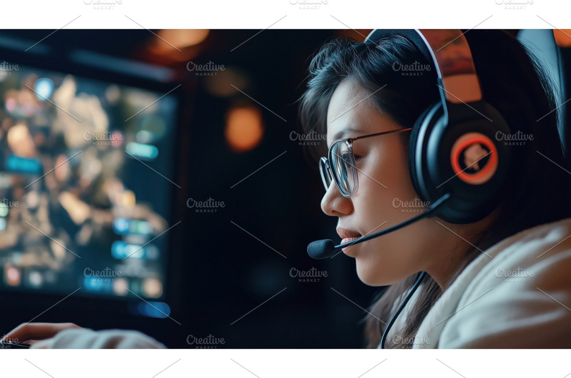 Asian female gamer wearing a headset, a Technology Photo by Sergey Kotenev