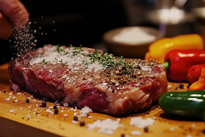 Seasoning a juicy steak with salt an, a Food & Drink Photo by Pixeness Studio