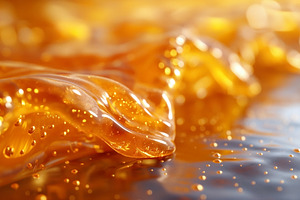 Close-up of golden amber gel with bubbles, creating a vibrant an, a Food & Drink Photo by ImageMir