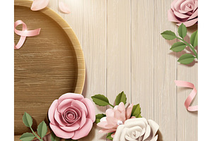 Paper Flowers With Wood Plate