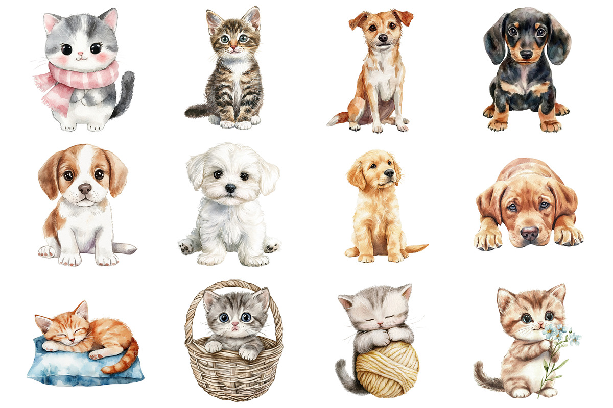 Watercolor Cute Cats & Dogs, an Illustration by Design Market (Photo 2 of 3)