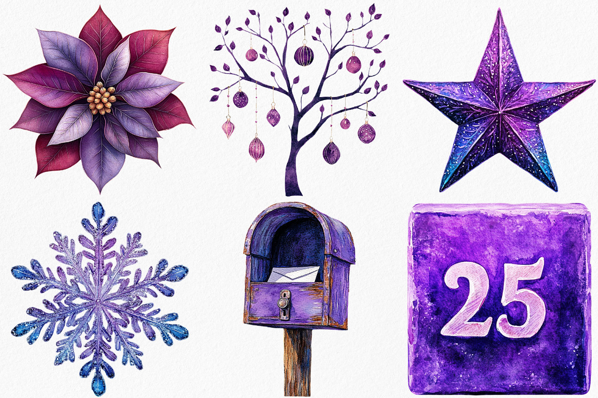 Watercolor Purple Christmas Clipart, an Illustration by Canvas Craft (Photo 5 of 7)