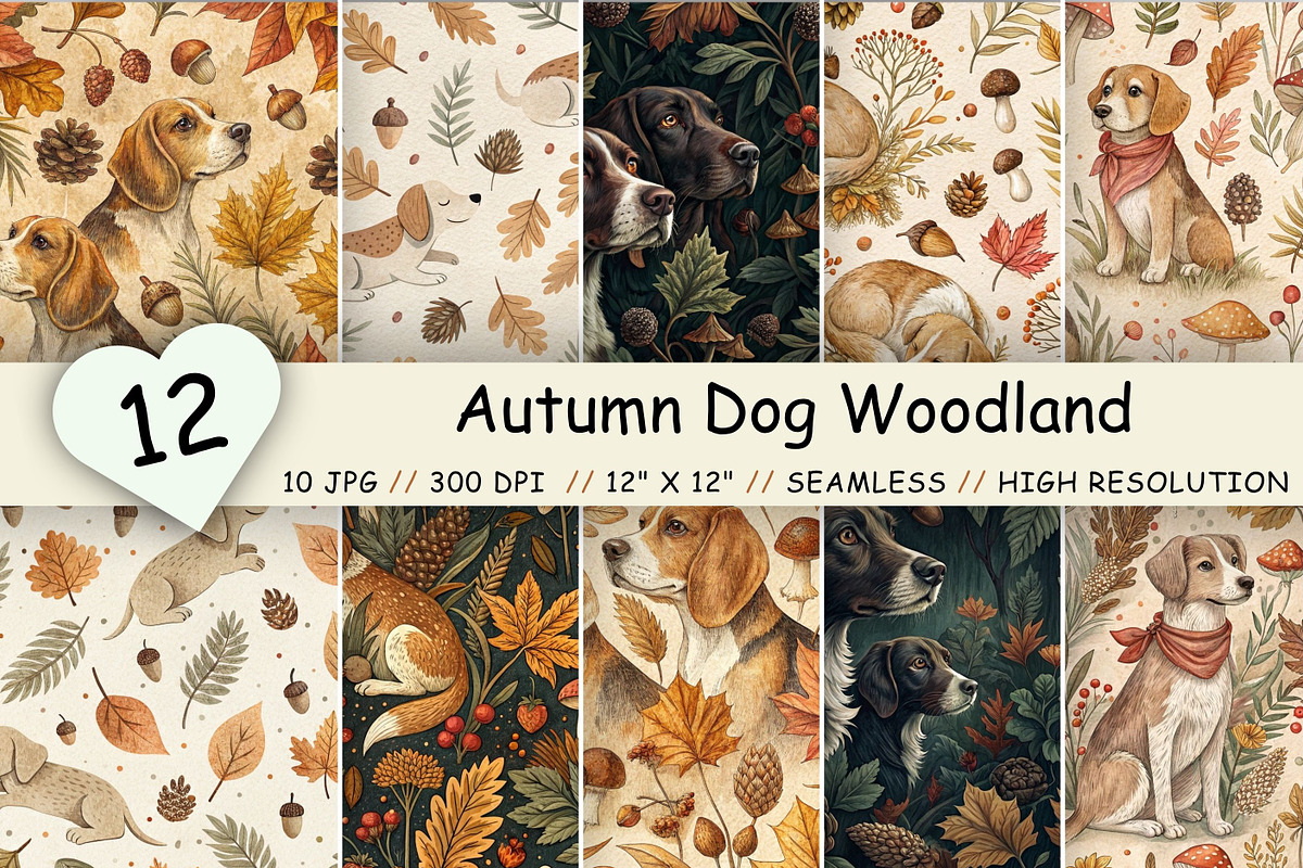 Autumn Dog Woodland Digital Paper, a Pattern Graphic by FloridPrintables (Photo 1 of 9)