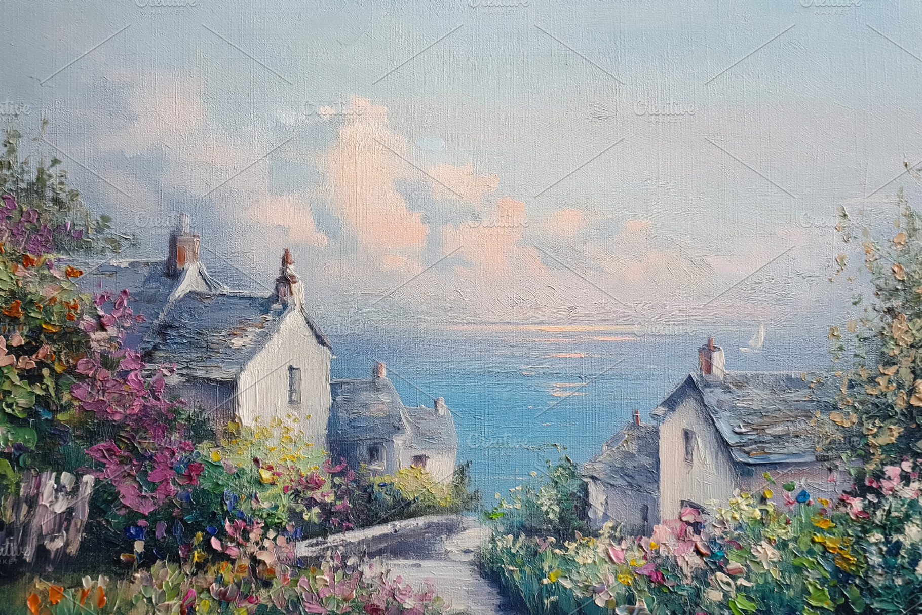Oil painting portraying a charming coastal village with cottages, a Photo by Studio ANNA