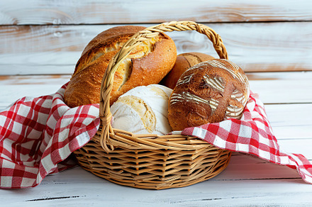 Different kinds of baked bread in basket on wooden table, a Food & Drink Photo by AlyaAnd