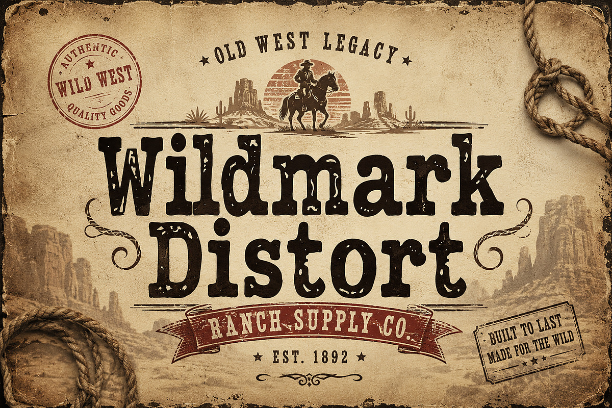 Wildmark Distort is a bold Western, a Script Font by Wow Magic (Photo 1 of 4)